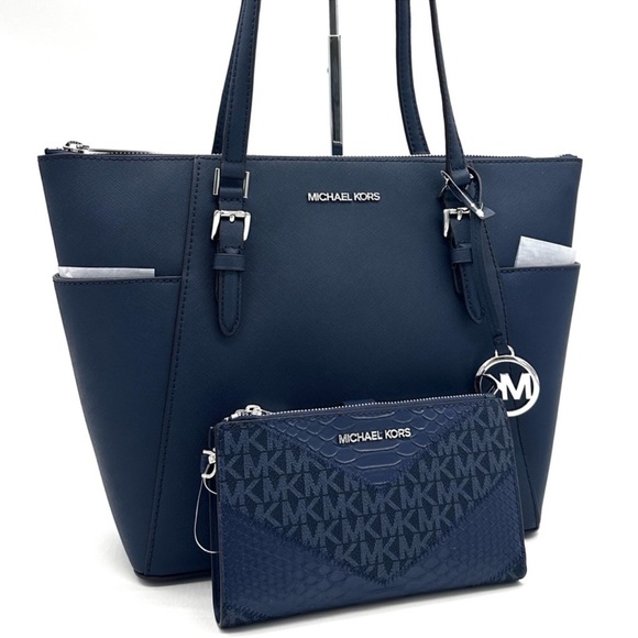 Michael Kors Large Charlotte Tote Bag & LG Double Zip Wallet Luggage Navy Blue - Picture 3 of 15
